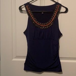 Navy Beaded Neckline Sleeveless Shirt